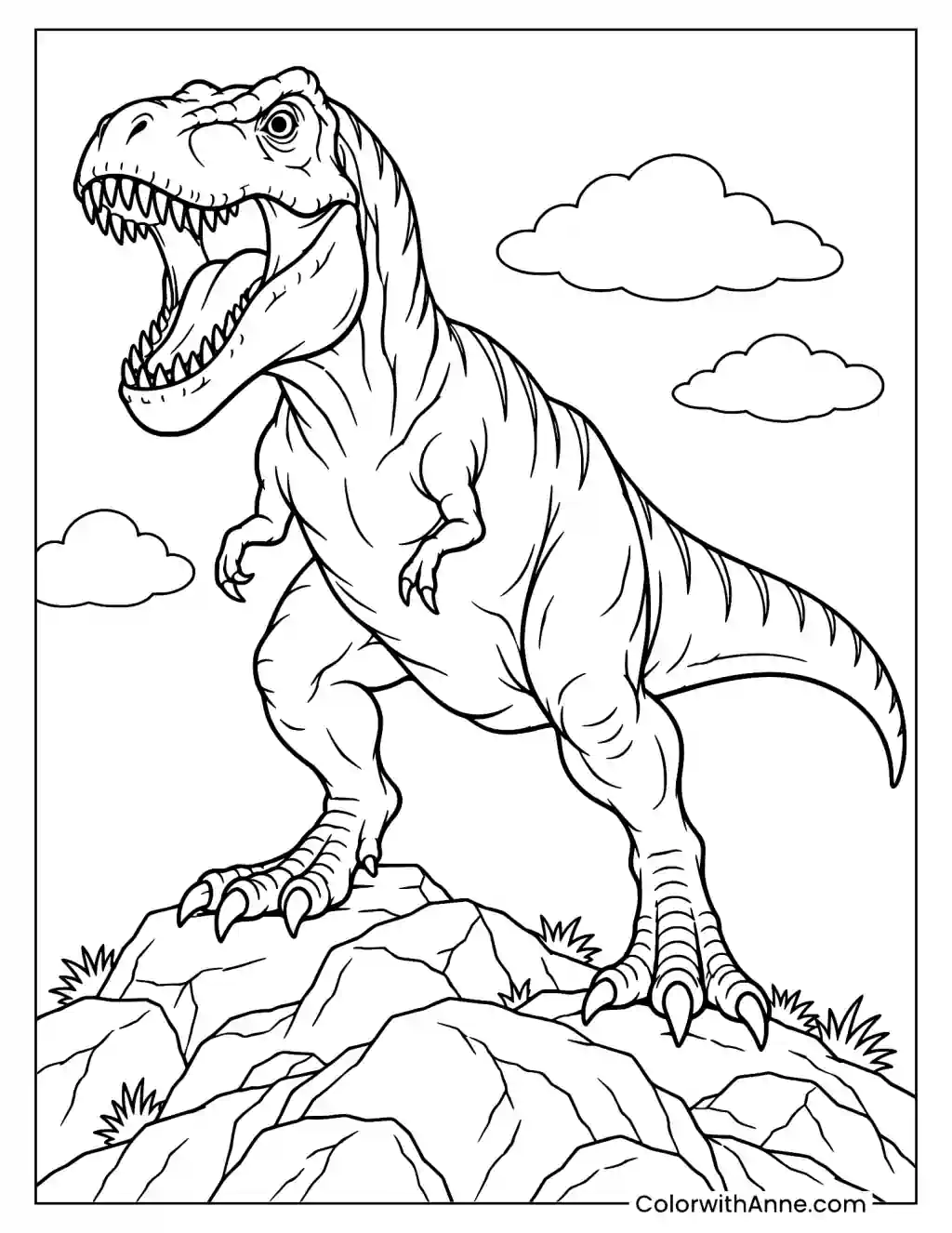 Roaring T-Rex Standing on a Rocky Hill Coloring Page for Kids