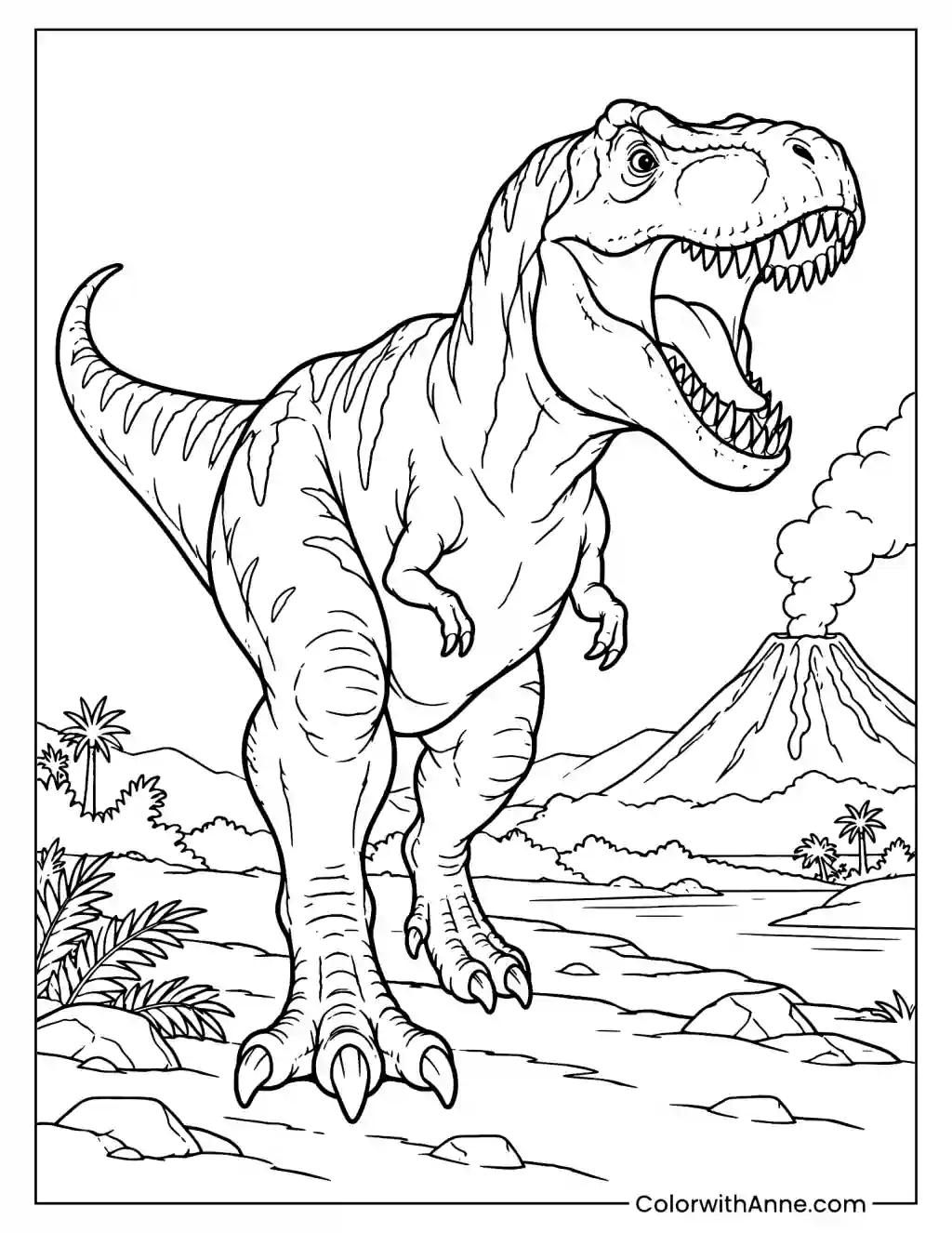 Roaring T-rex Walking Past a Volcano Coloring Page