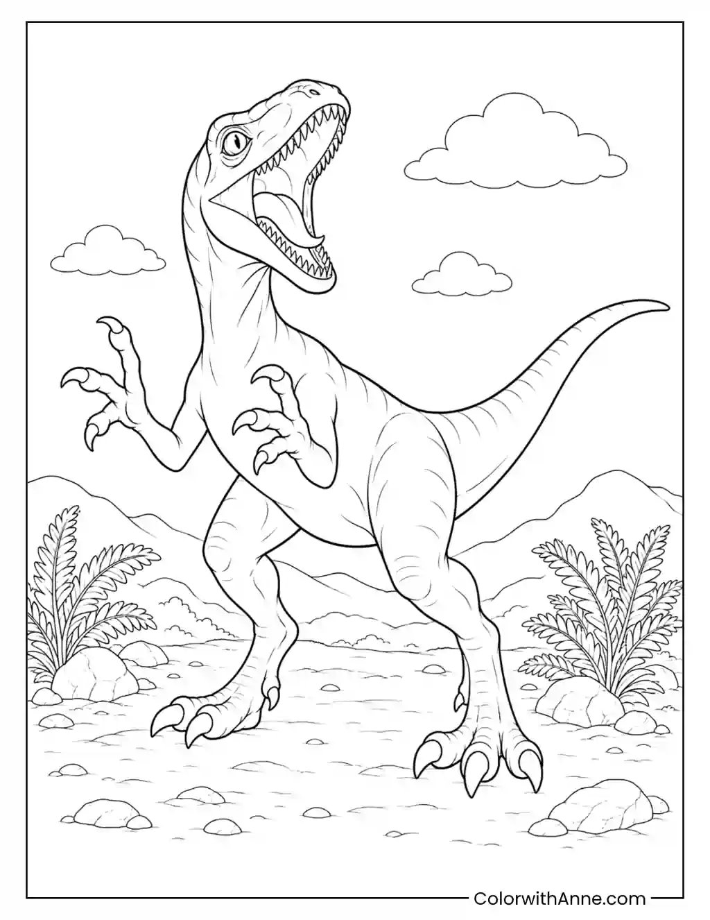 Roaring Velociraptor in a Rocky Clearing coloring page