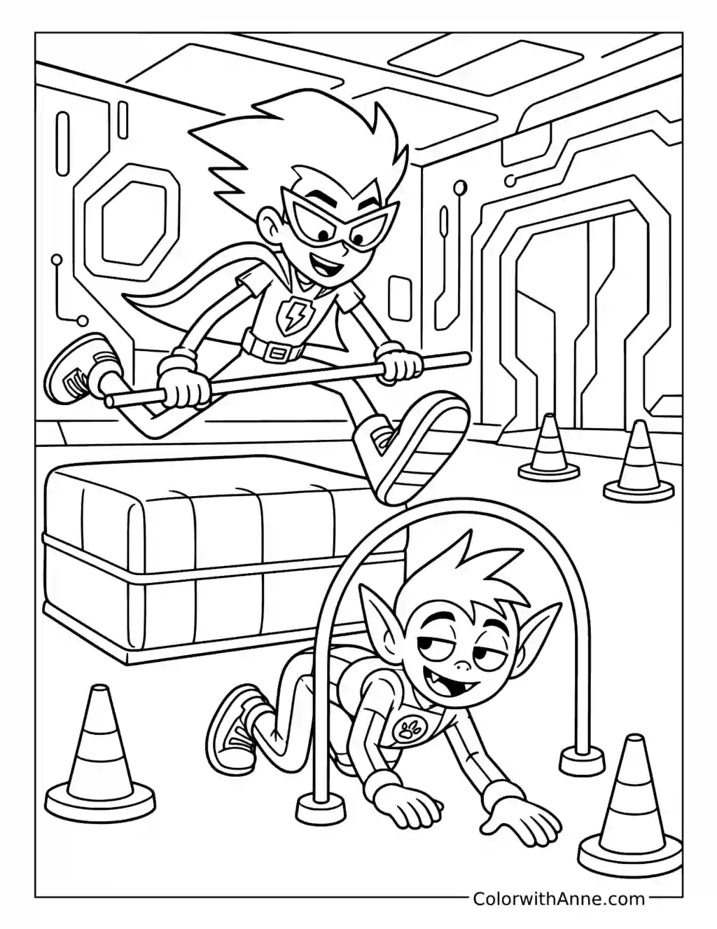 Robin and Beast Boy Train on an Obstacle Course Coloring Page