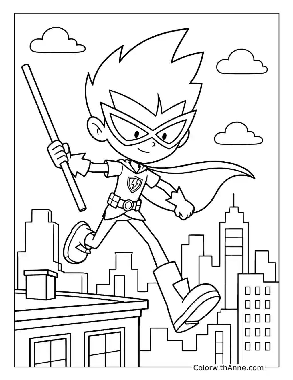 Robin Leaps Across Rooftops with His Staff Coloring Page