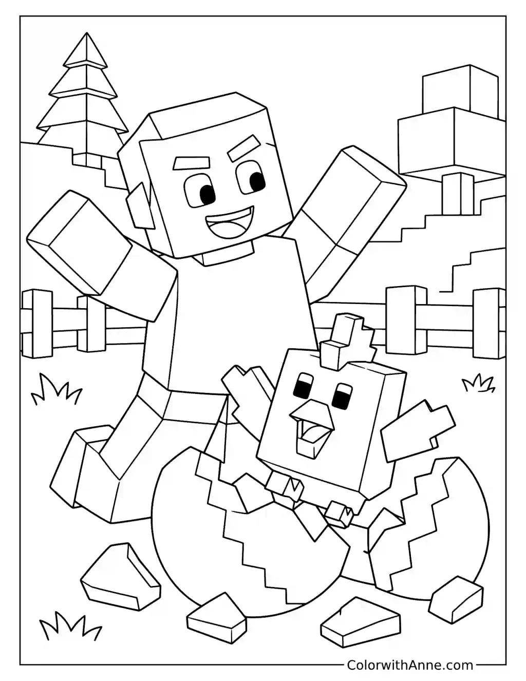 A smiling blocky player spreads both arms beside a chicken hatching from a cracked egg.