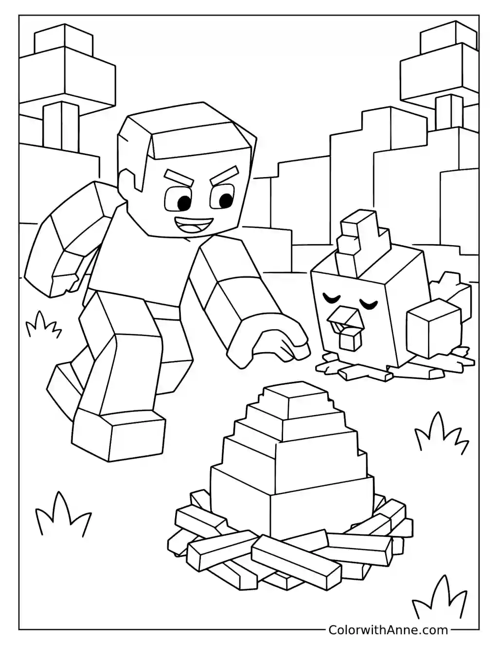 A blocky player reaches toward a stacked egg in a nest beside a sleepy chicken.