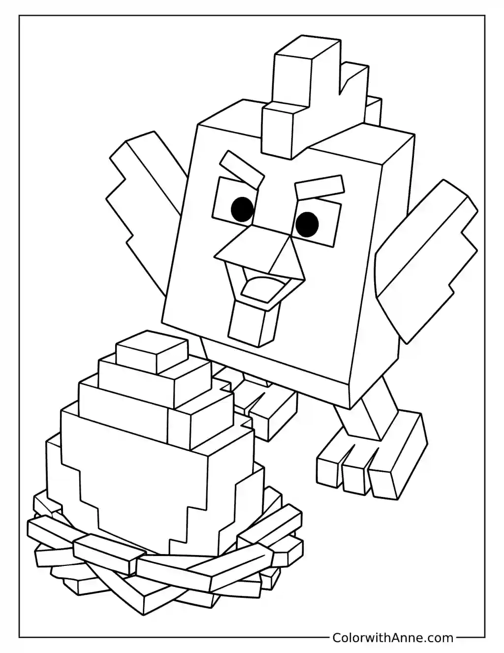 A large cubic chicken raises its wings beside a stepped egg resting in a twig nest.