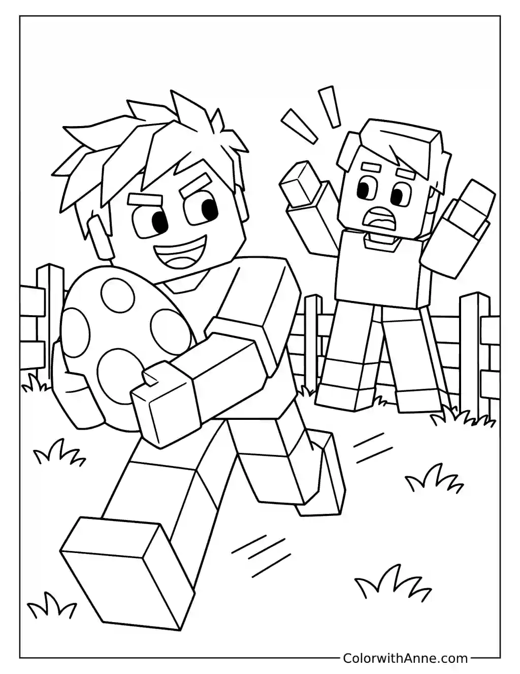 A blocky player runs with a spotted egg while another startled player follows near a fence.