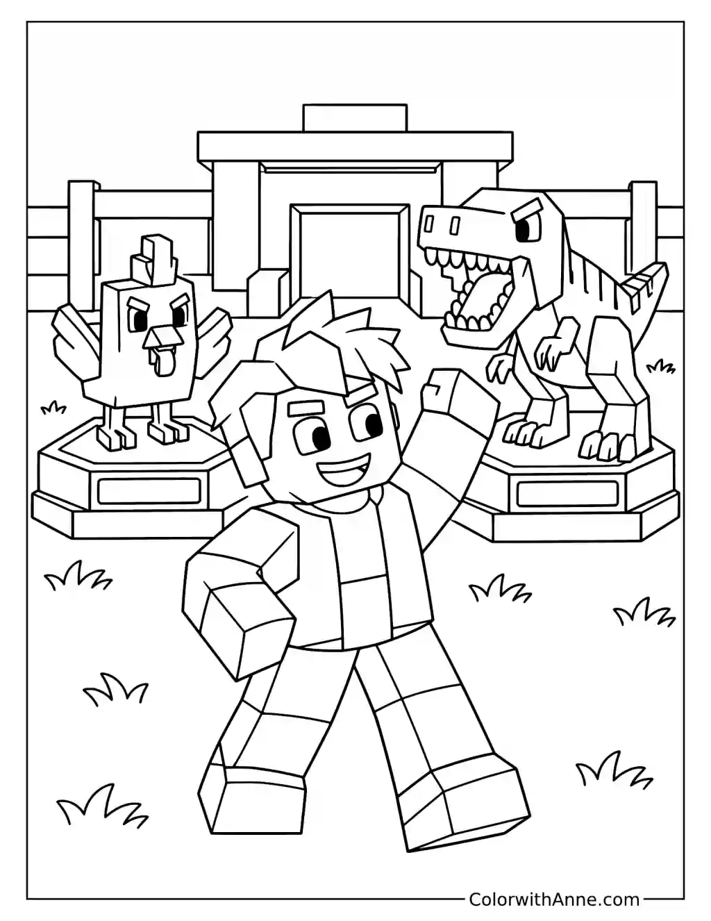 A blocky player stands at a base between platforms holding a chicken and a dinosaur.