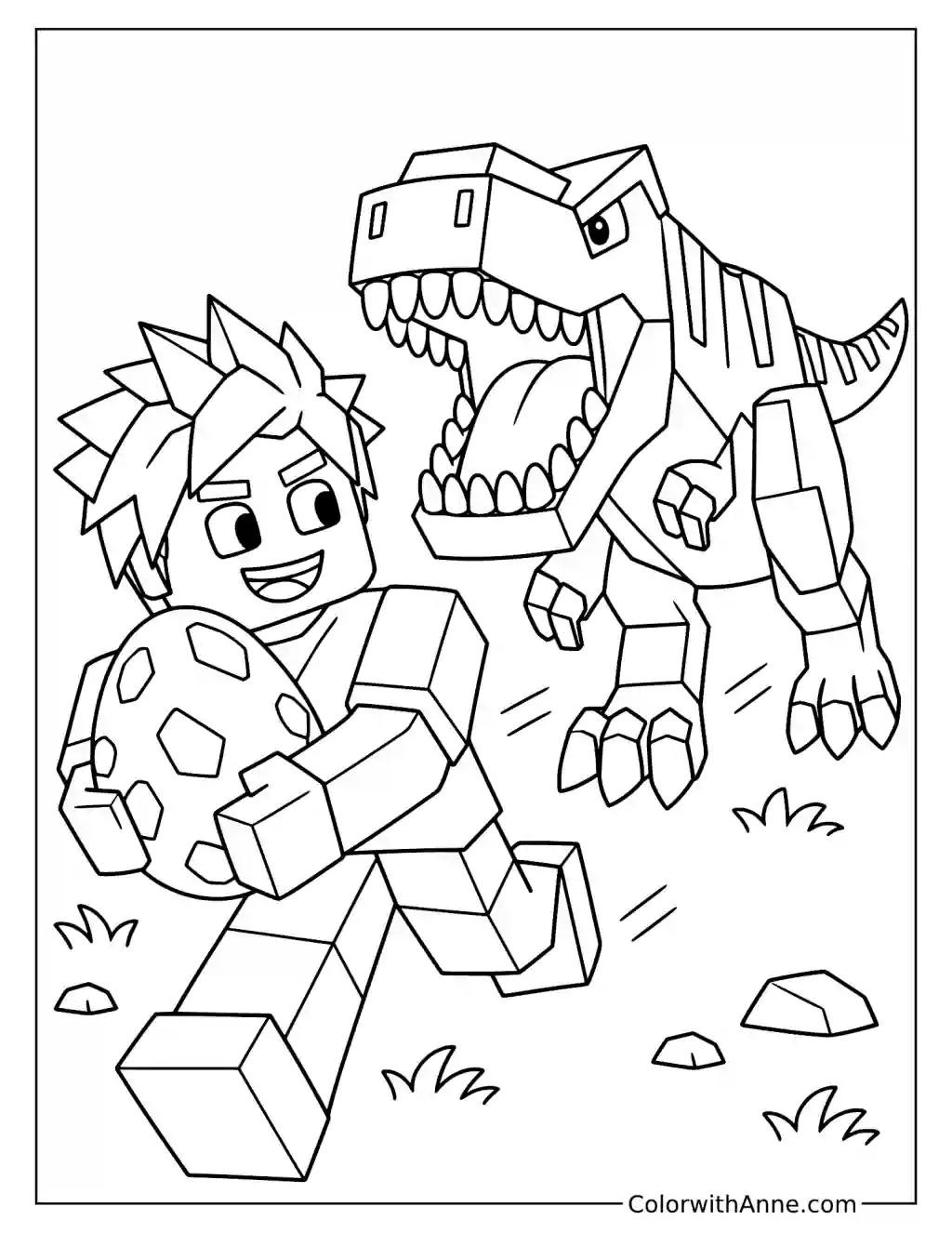 A blocky player runs carrying a spotted egg while a dinosaur follows with its mouth open.