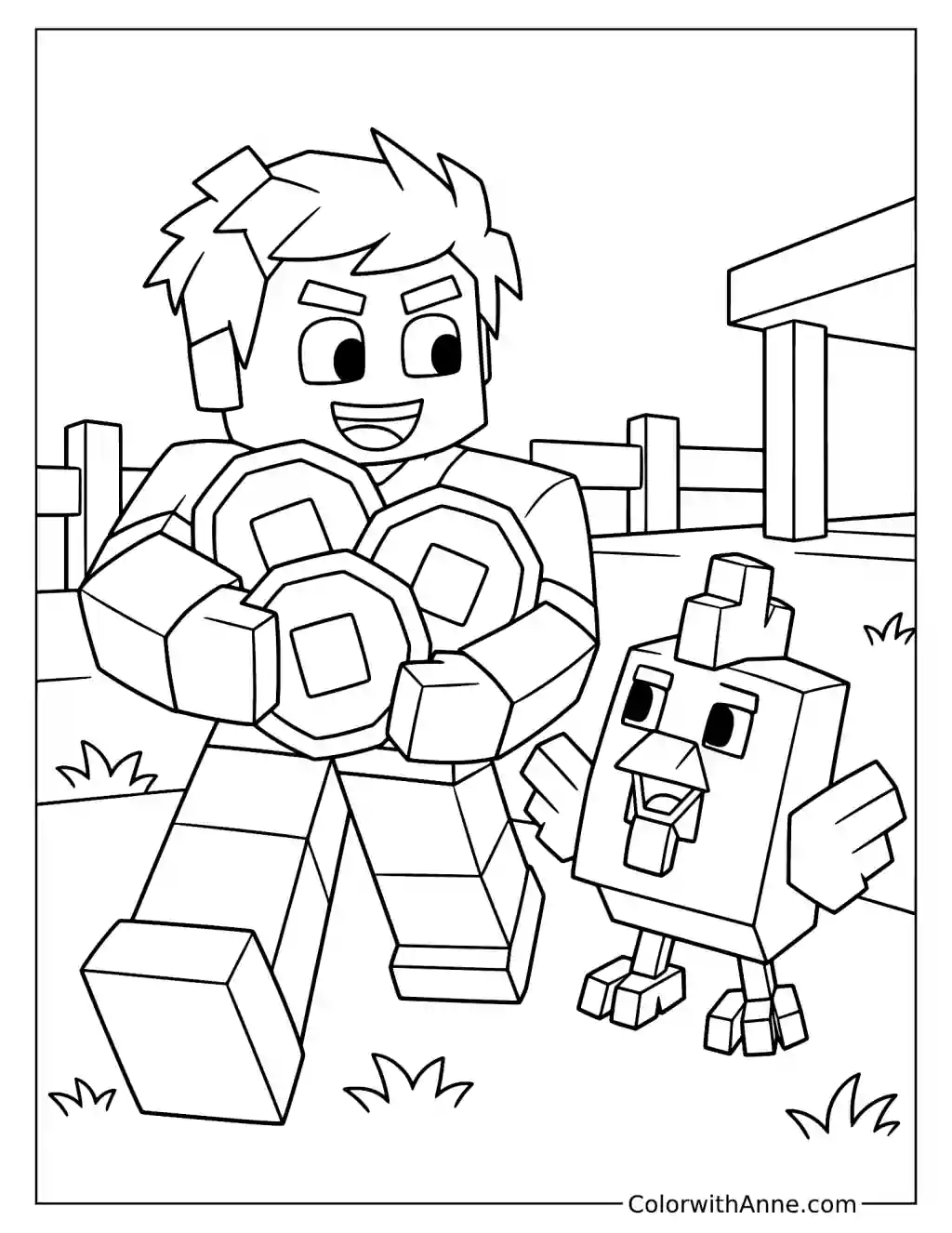A blocky player carries three large octagonal coins with square centers beside a cubic chicken and fence.