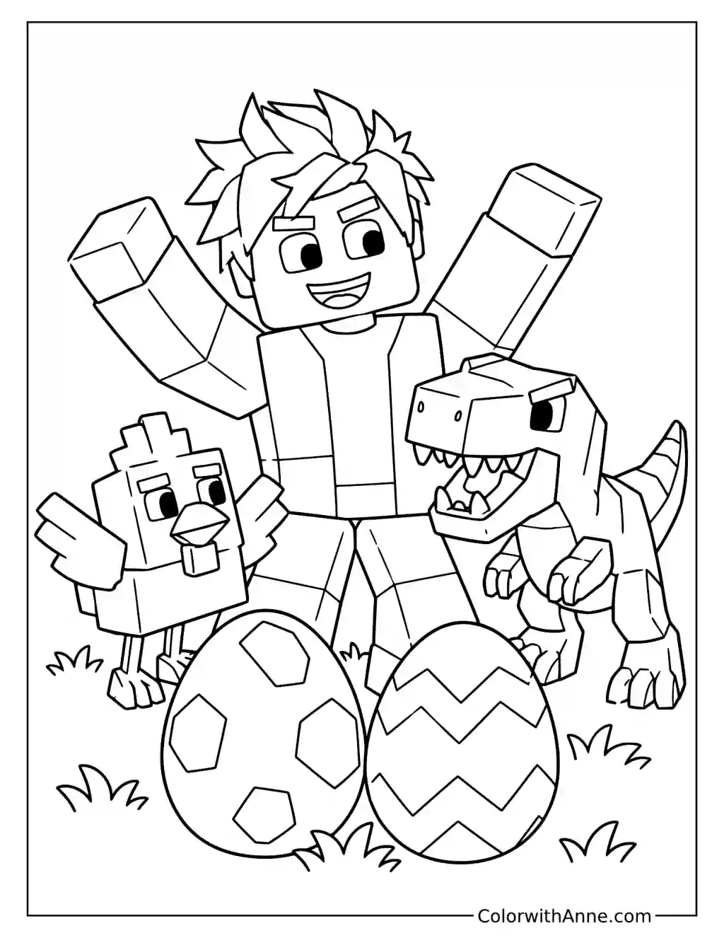 A blocky player raises both arms behind two patterned eggs with chicken and dinosaur pets nearby.