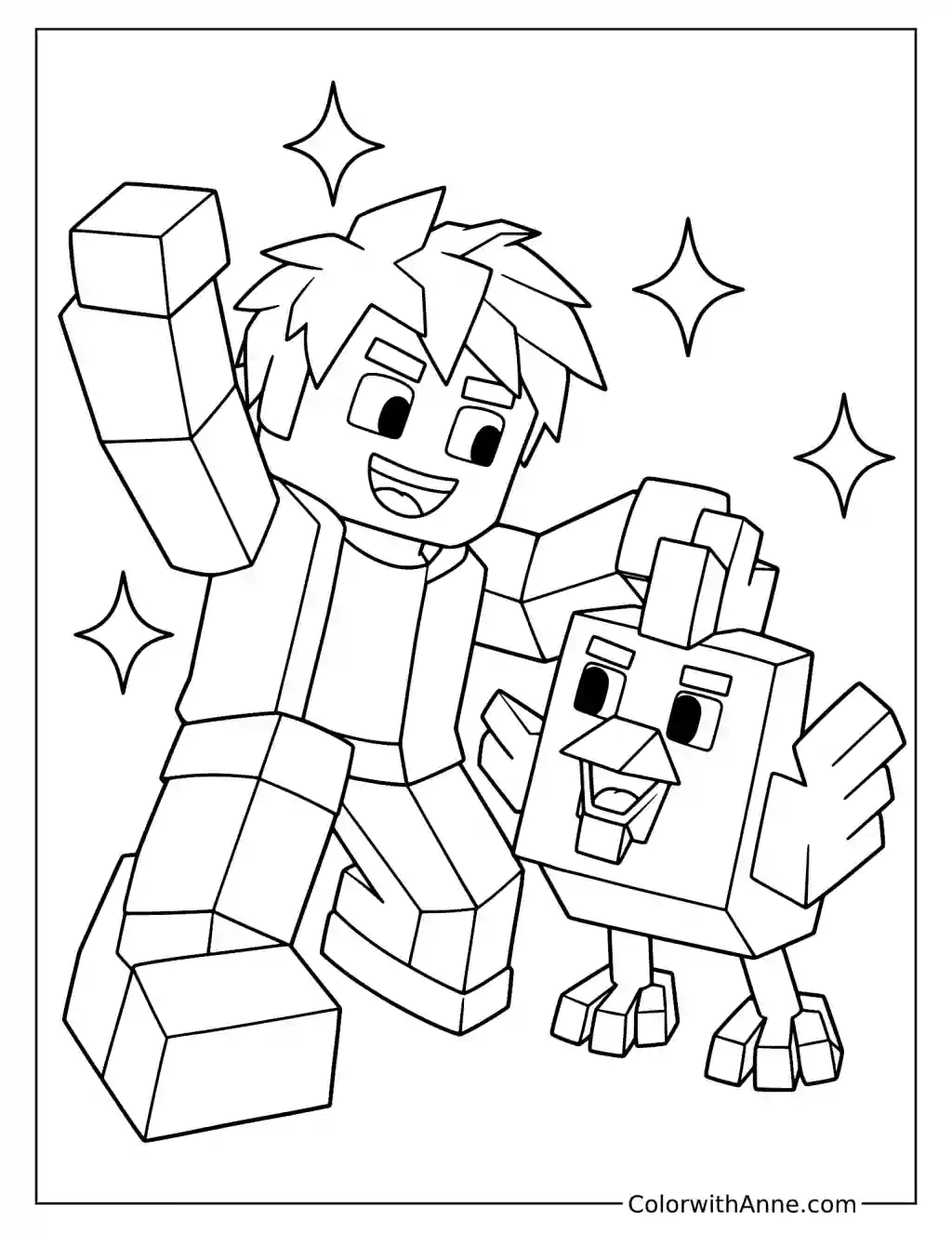 A blocky player runs with one arm raised beside a cheerful chicken and outlined sparkles.