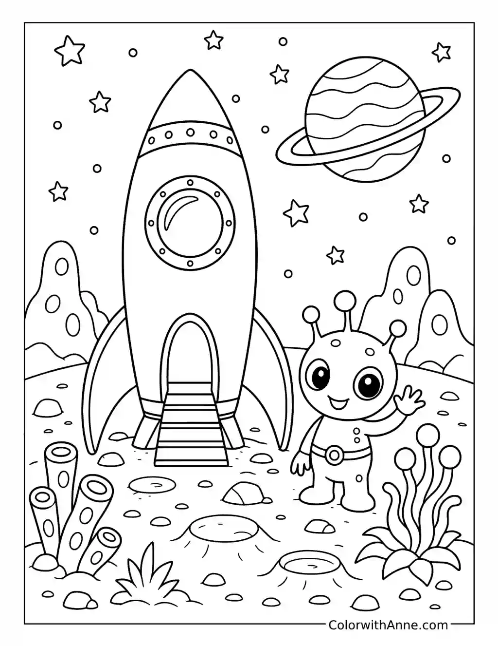 Rocket and Friendly Alien on a Distant Planet coloring page