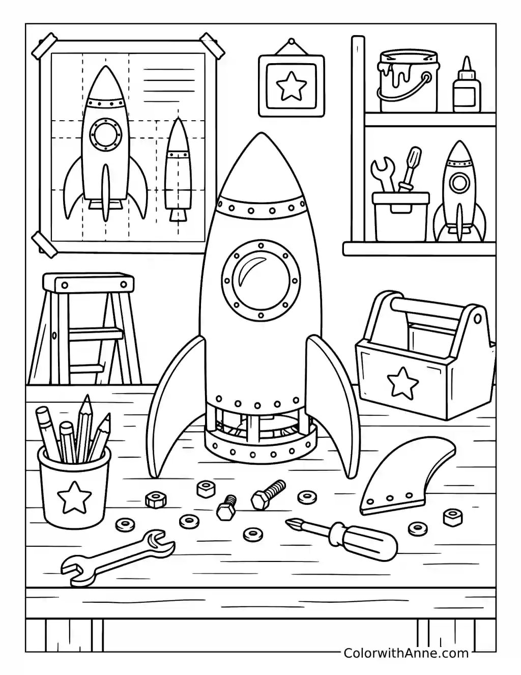 Rocket Building Workshop coloring page