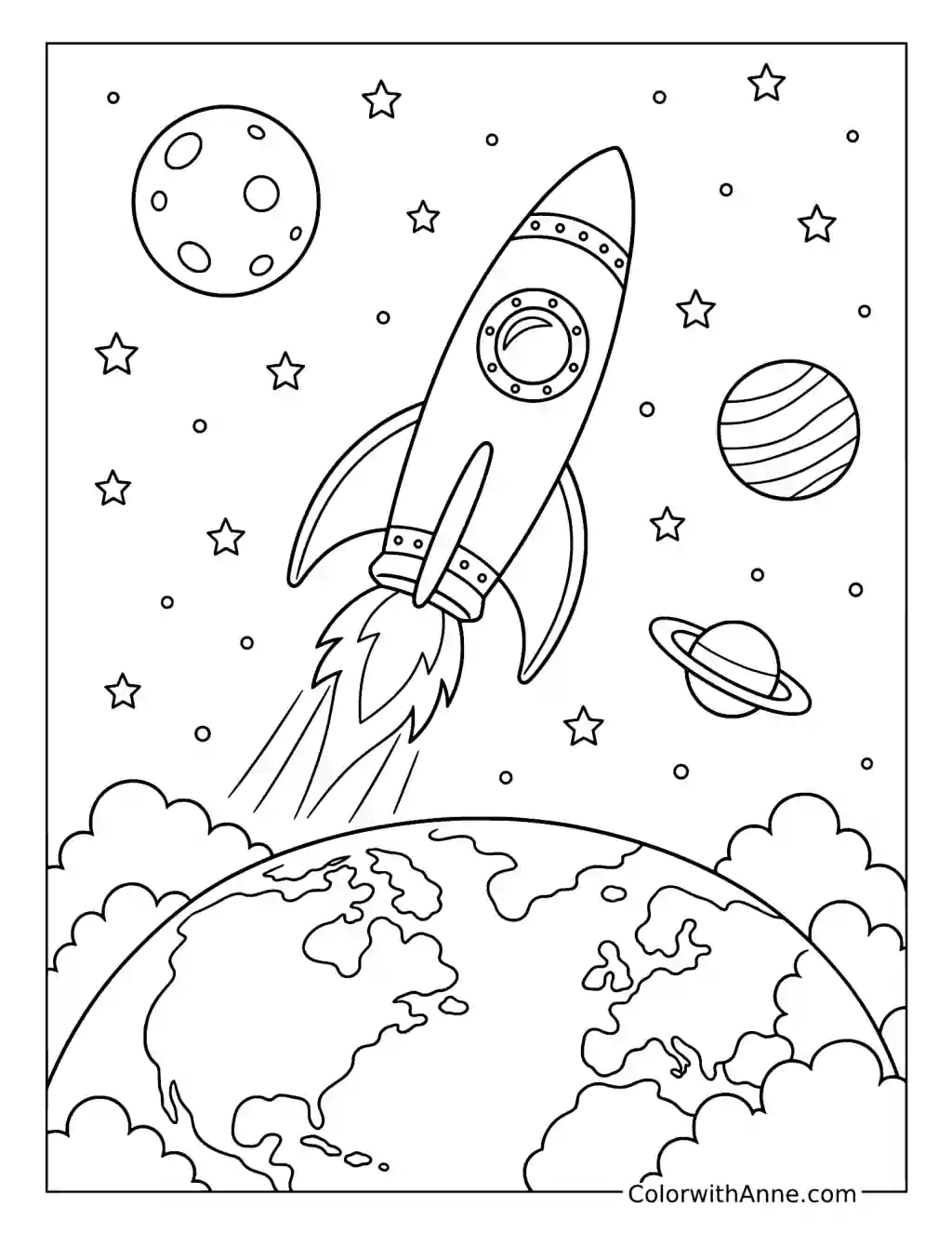 Rocket Flying Above Earth coloring page