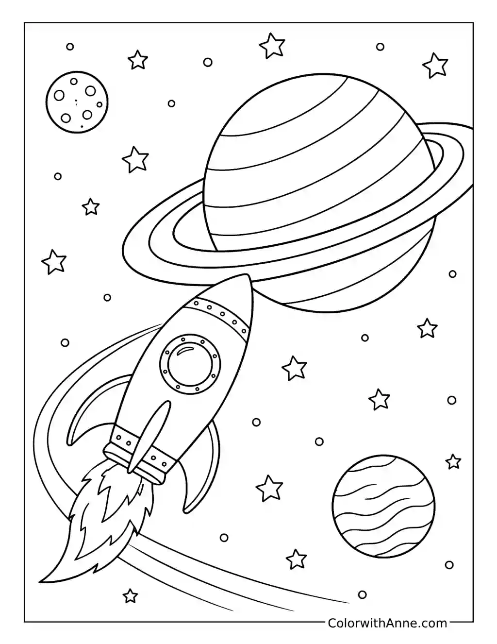 Rocket Flying Around Saturn coloring page