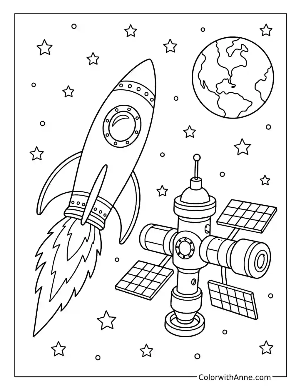Rocket Flying Past a Space Station coloring page