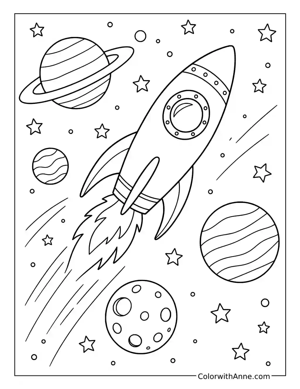 Rocket Flying Past Planets coloring page