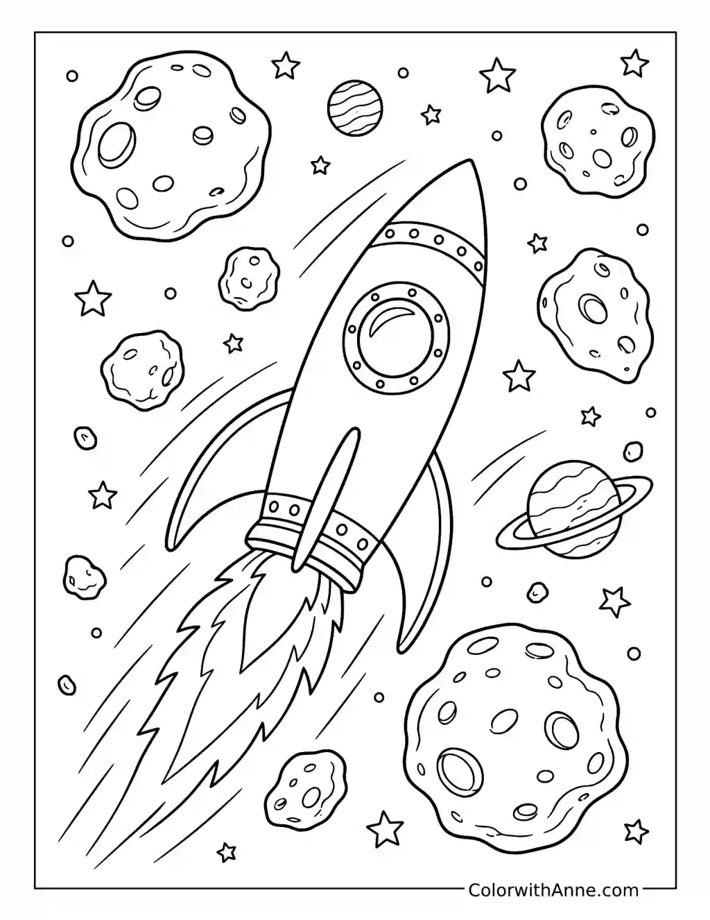 Rocket Flying Through an Asteroid Field coloring page