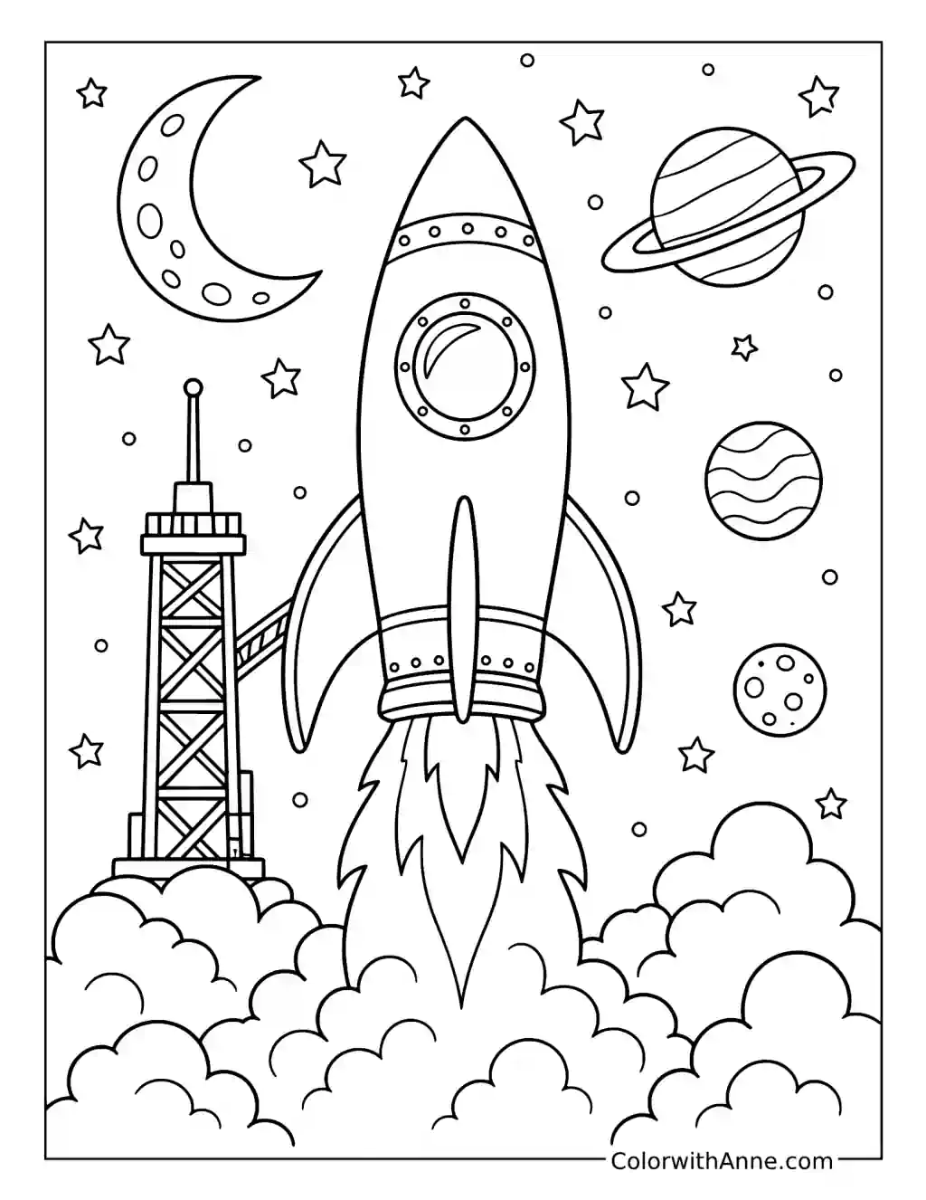 Rocket Launch Through the Stars coloring page