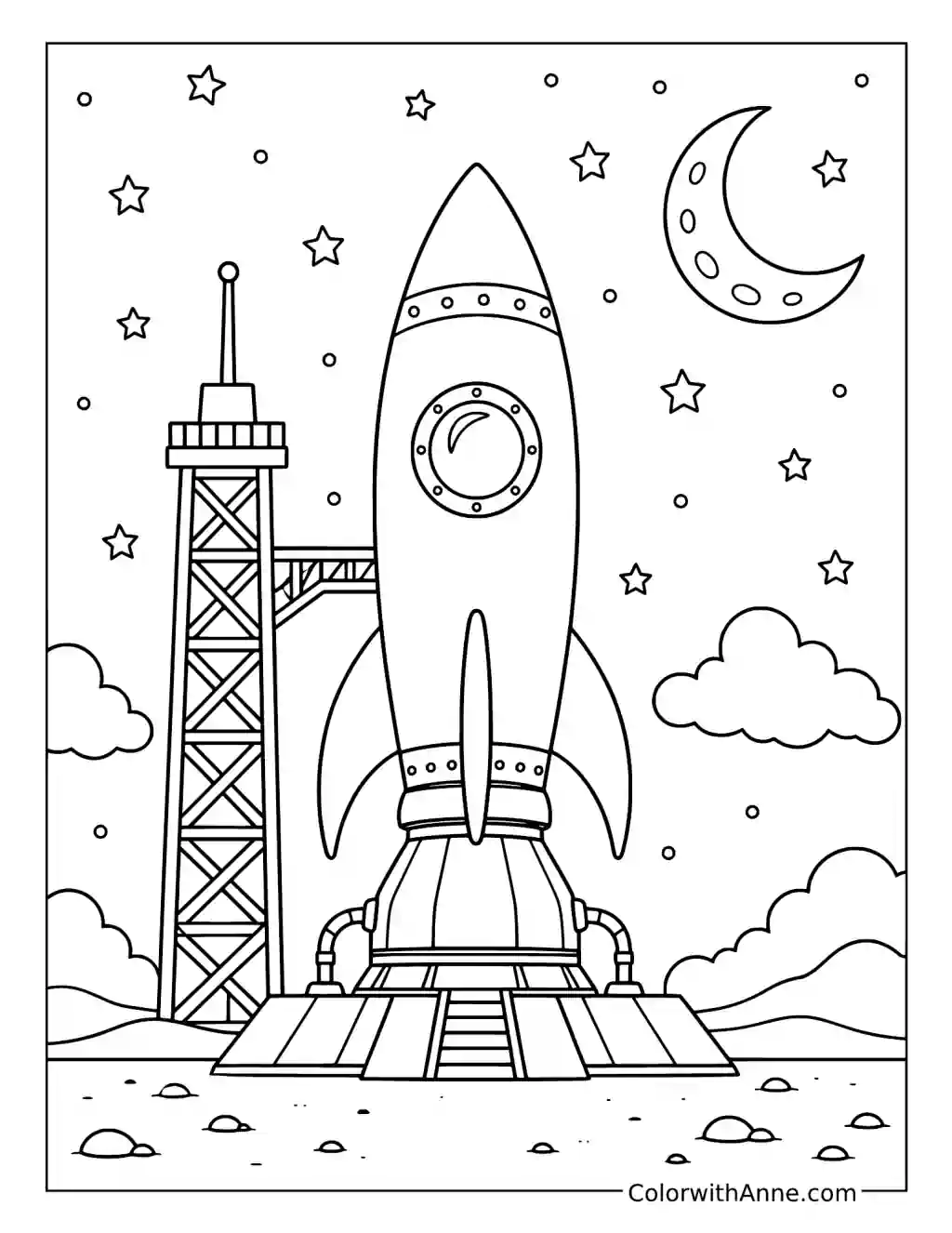 Rocket Ready to Launch Under a Starry Sky coloring page