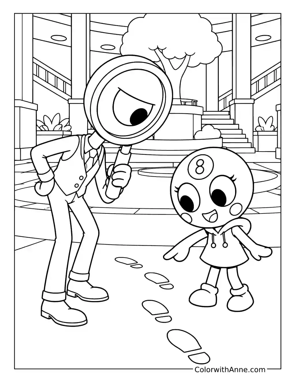 Rodger carries a magnifying glass while Toodles follows footprints across the Gardenview lobby floor.