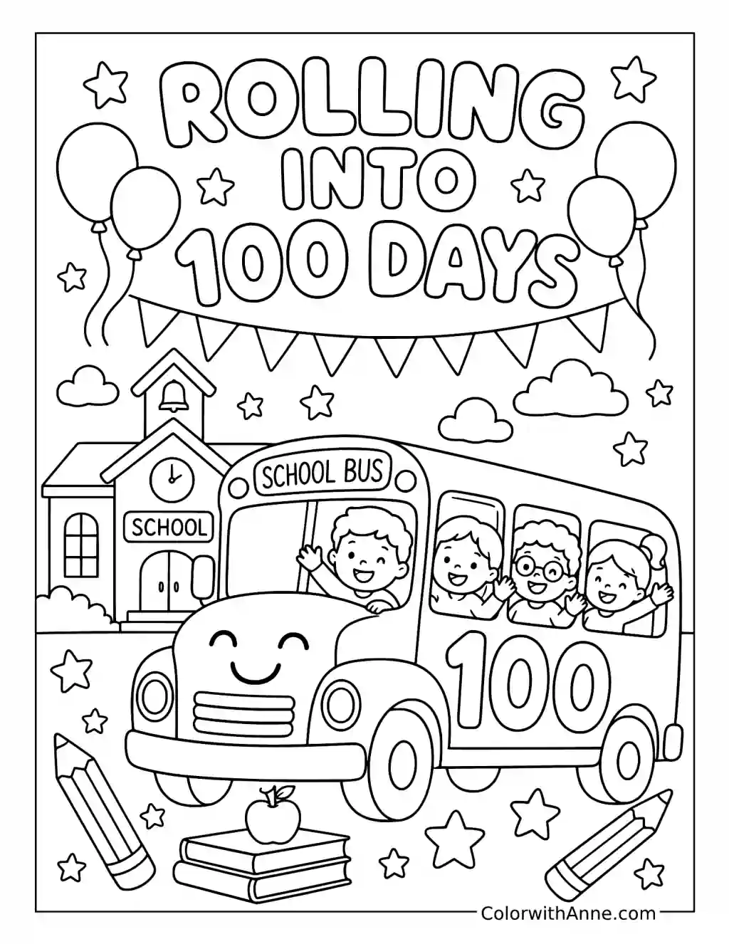 Rolling into 100 Days School Bus coloring page
