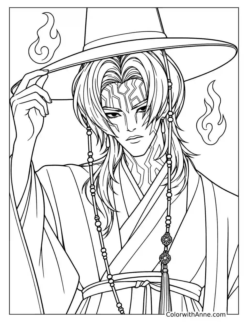 Coloring page of Romance Saja wearing robes and a wide-brimmed hat with facial markings and flames beside him