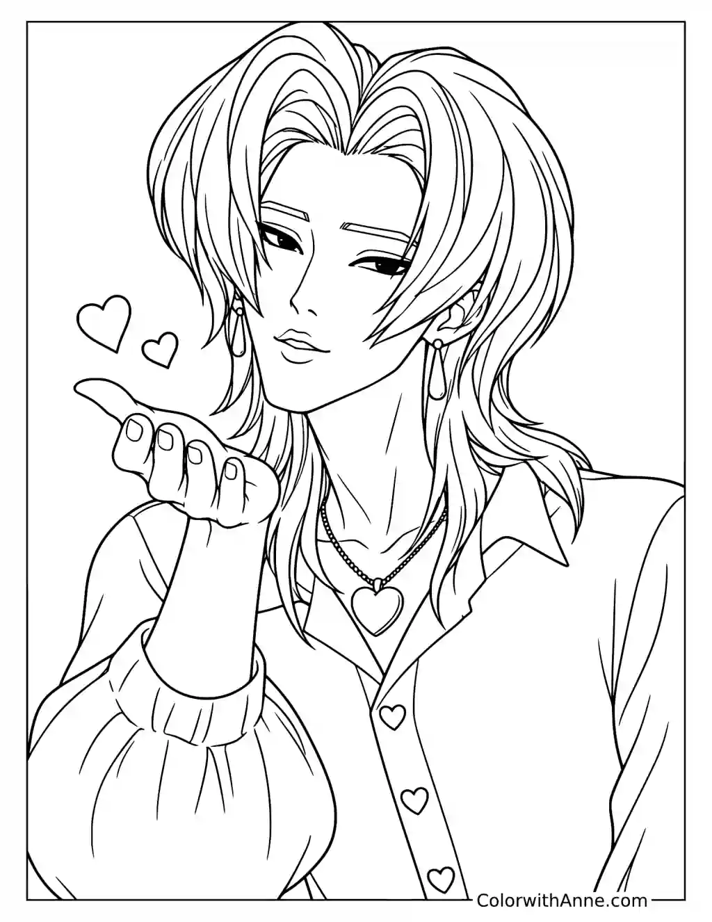 Coloring page of Romance Saja holding one palm beneath his lips with small hearts floating beside his face