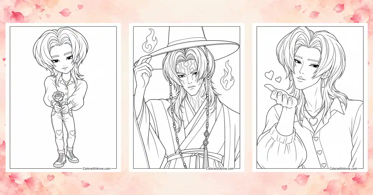 Romance Saja Coloring Pages banner showing three coloring page examples