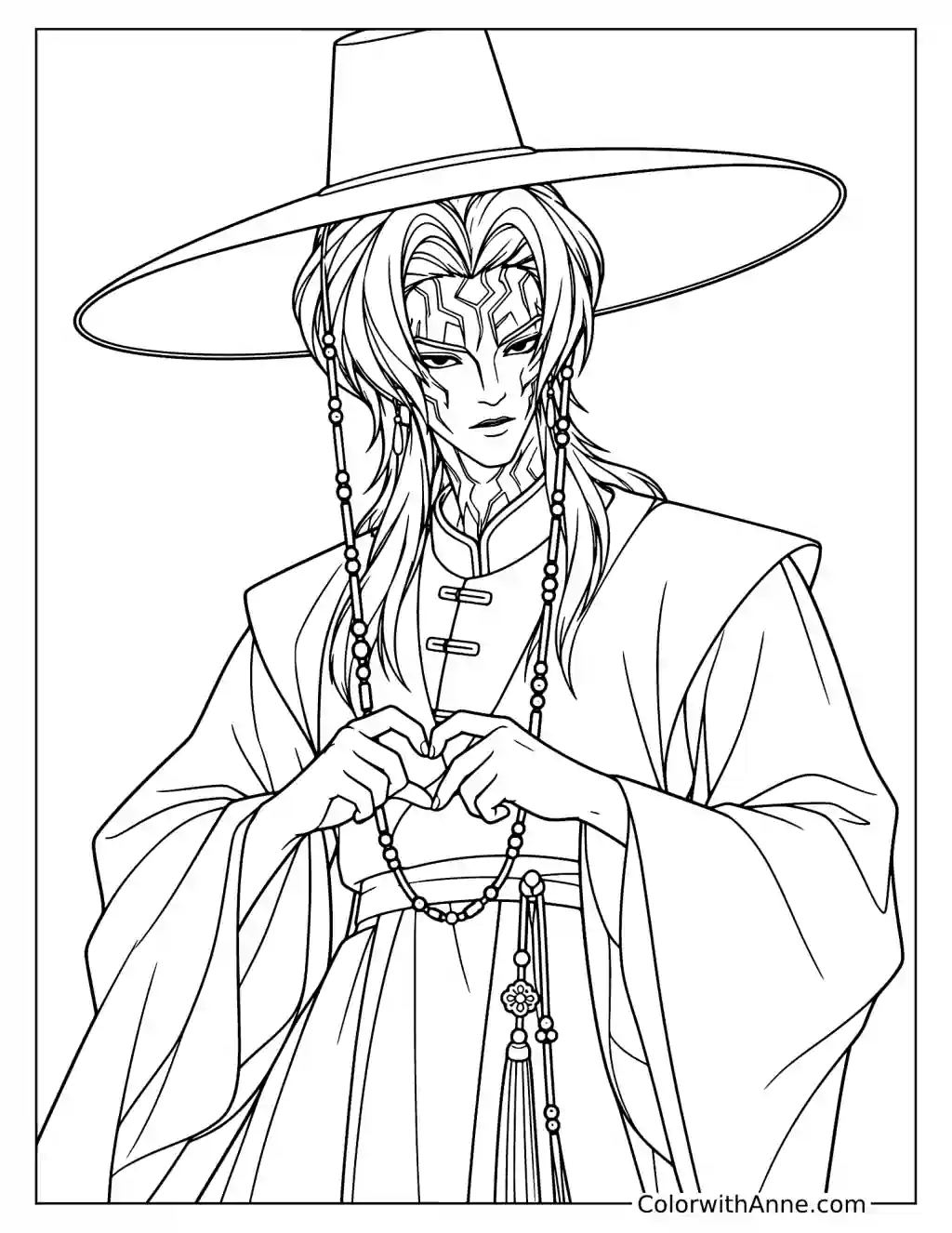 Coloring page of Romance Saja forming a heart with both hands, wearing robes, a hat, and angular facial markings.