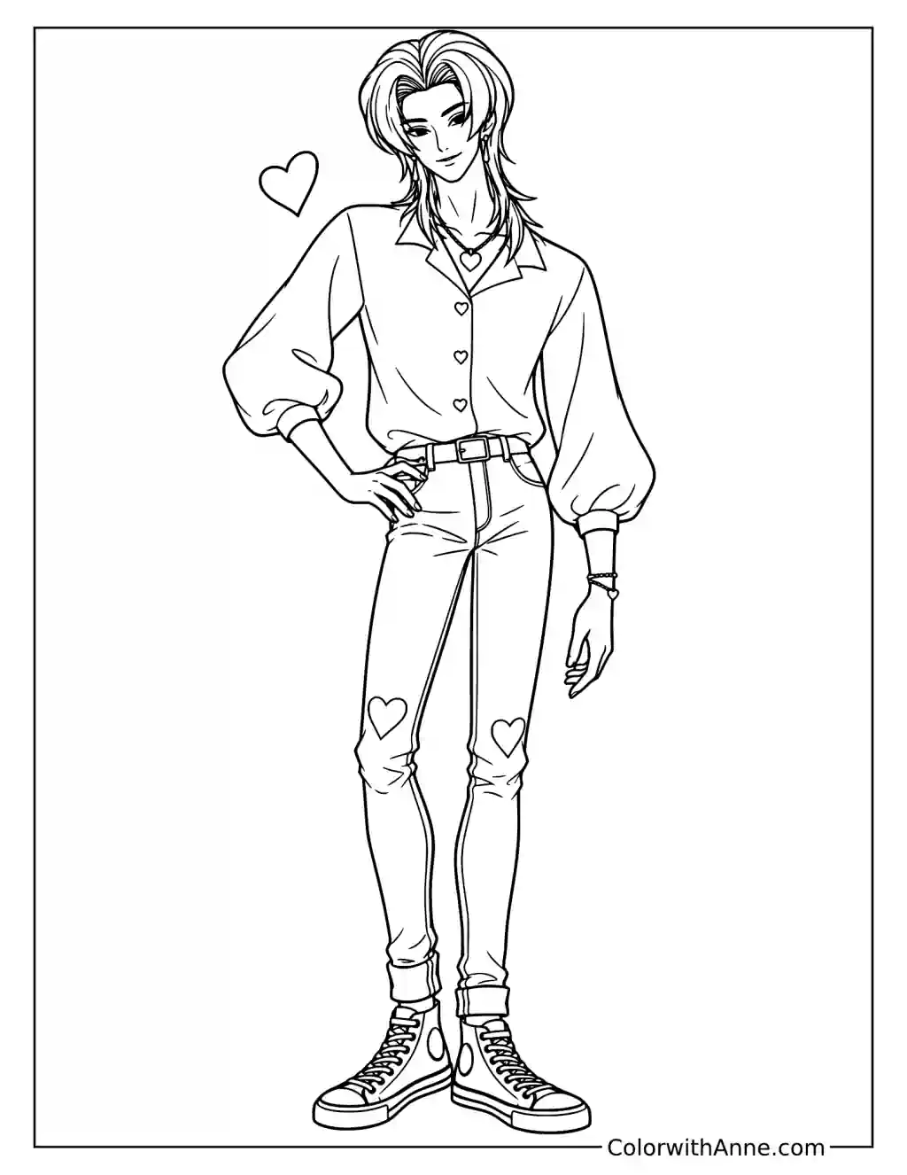 Coloring page of Romance Saja standing with one hand on his hip in a loose shirt and heart-patched trousers