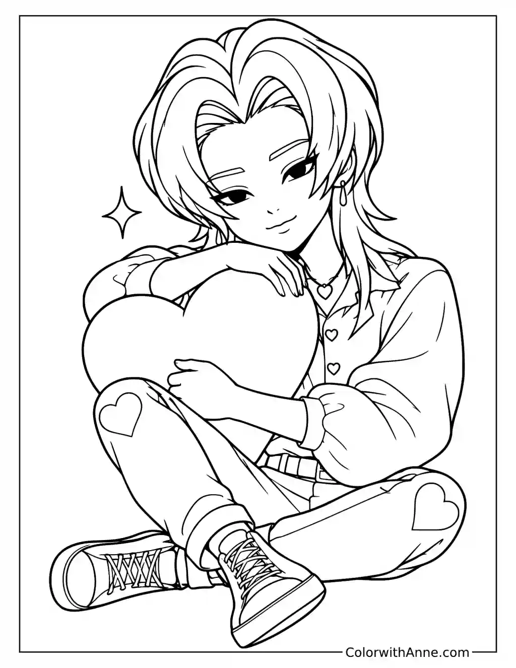 Coloring page of Romance Saja sitting cross-legged and hugging a heart-shaped cushion with both of his arms