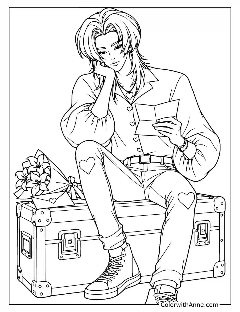 Coloring page of Romance Saja reading a folded sheet while sitting on an equipment case beside flowers and an envelope