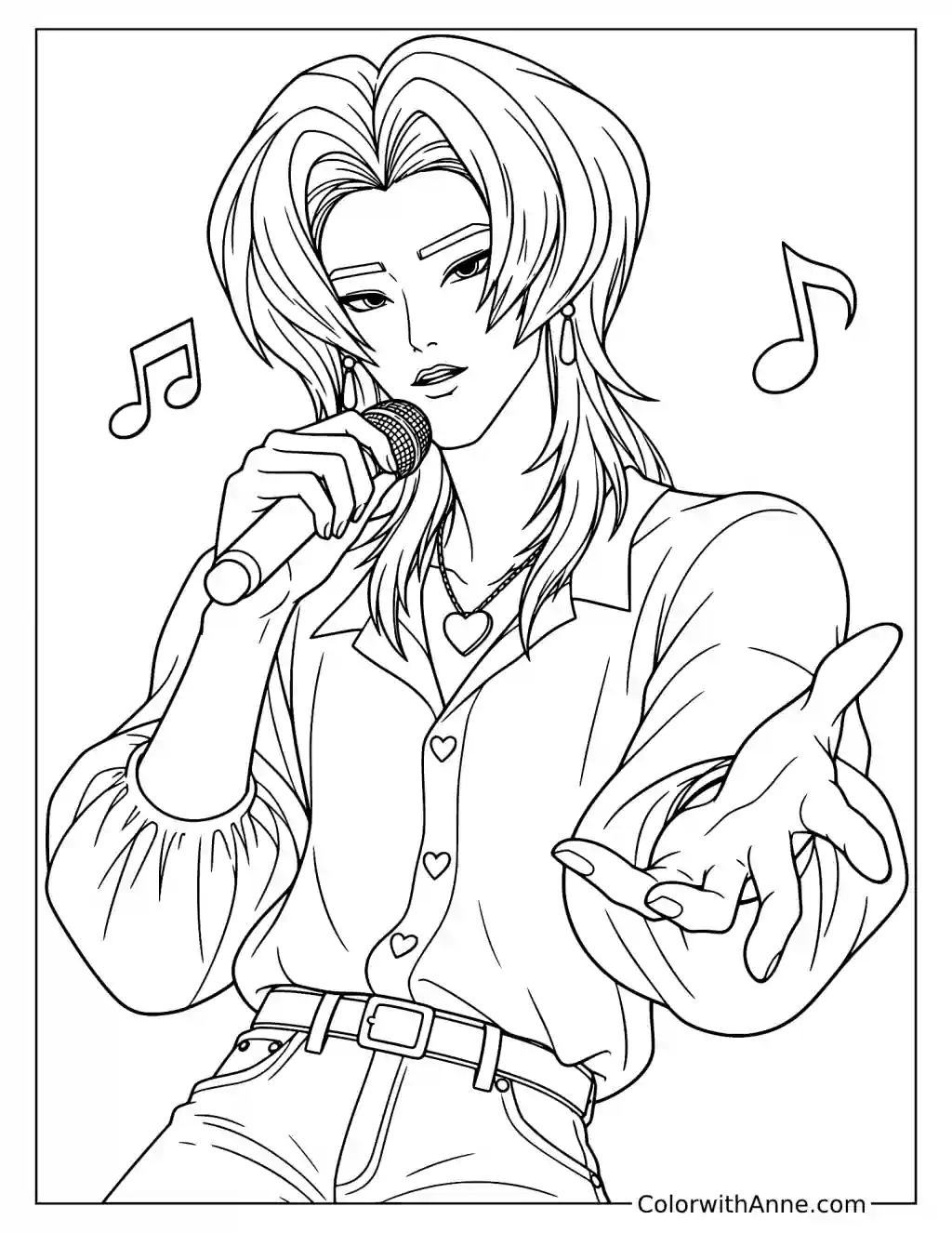 Coloring page of Romance Saja singing into a microphone and extending one hand as musical notes float beside him
