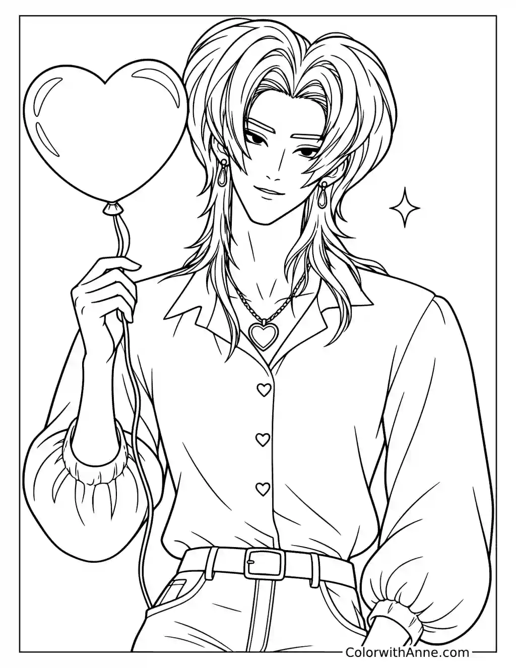 Coloring page of Romance Saja holding a heart-shaped balloon string with his other hand tucked into a trouser pocket