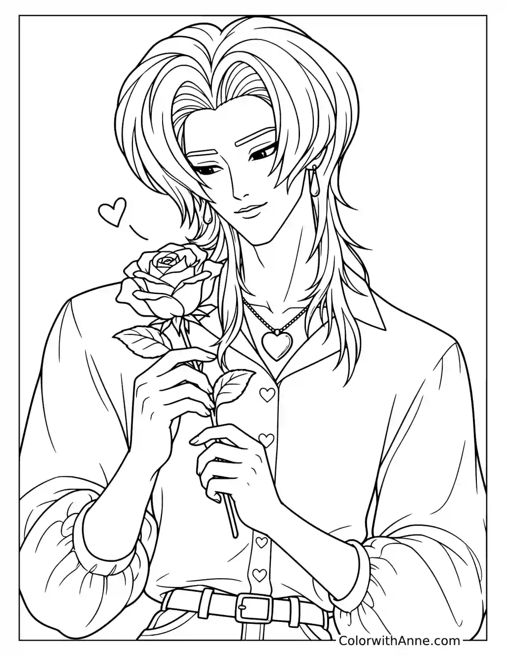 Coloring page of Romance Saja holding a rose beside his face with a heart pendant hanging at his collar