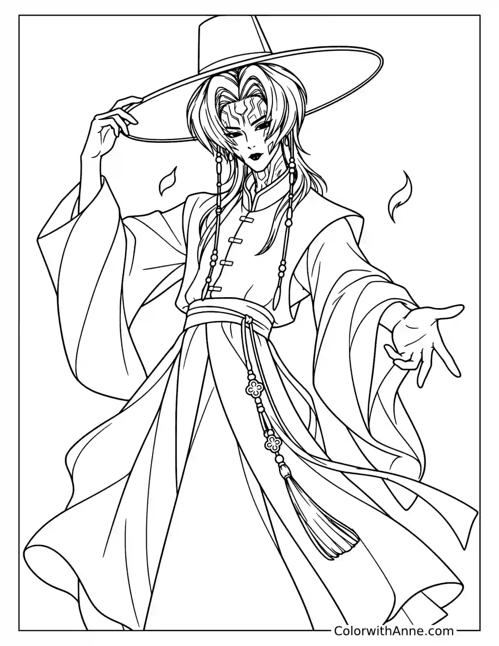 Coloring page of Romance Saja touching his hat brim and extending his other hand with flowing robes and facial markings