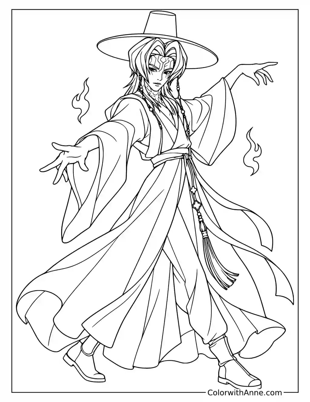 Coloring page of Romance Saja dancing with both arms extended and flames floating beside the sweeping hem of his robe