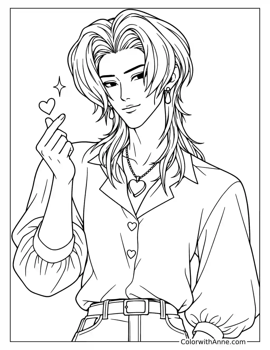 Coloring page of Romance Saja making a finger heart beside his face, with a pendant and floating hearts.