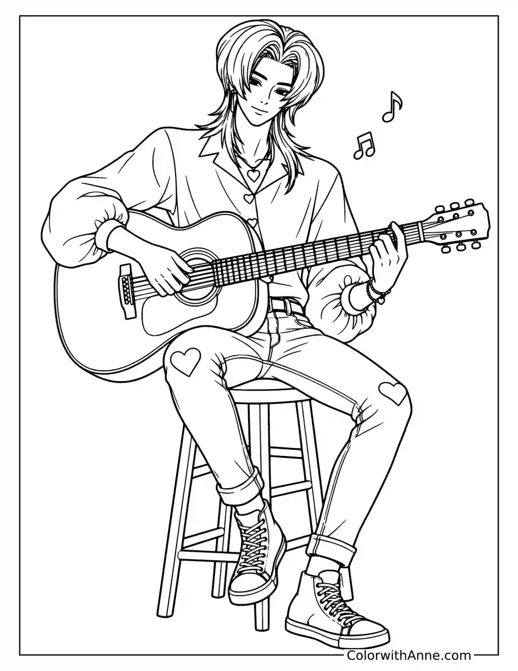 Coloring page of Romance Saja sitting on a stool and playing an acoustic guitar with musical notes nearby