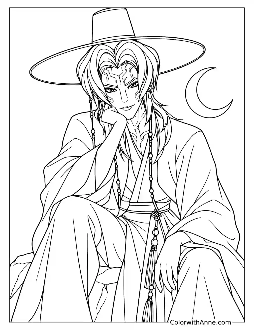 Coloring page of Romance Saja resting his cheek on one hand beneath a wide-brimmed hat with a crescent moon nearby