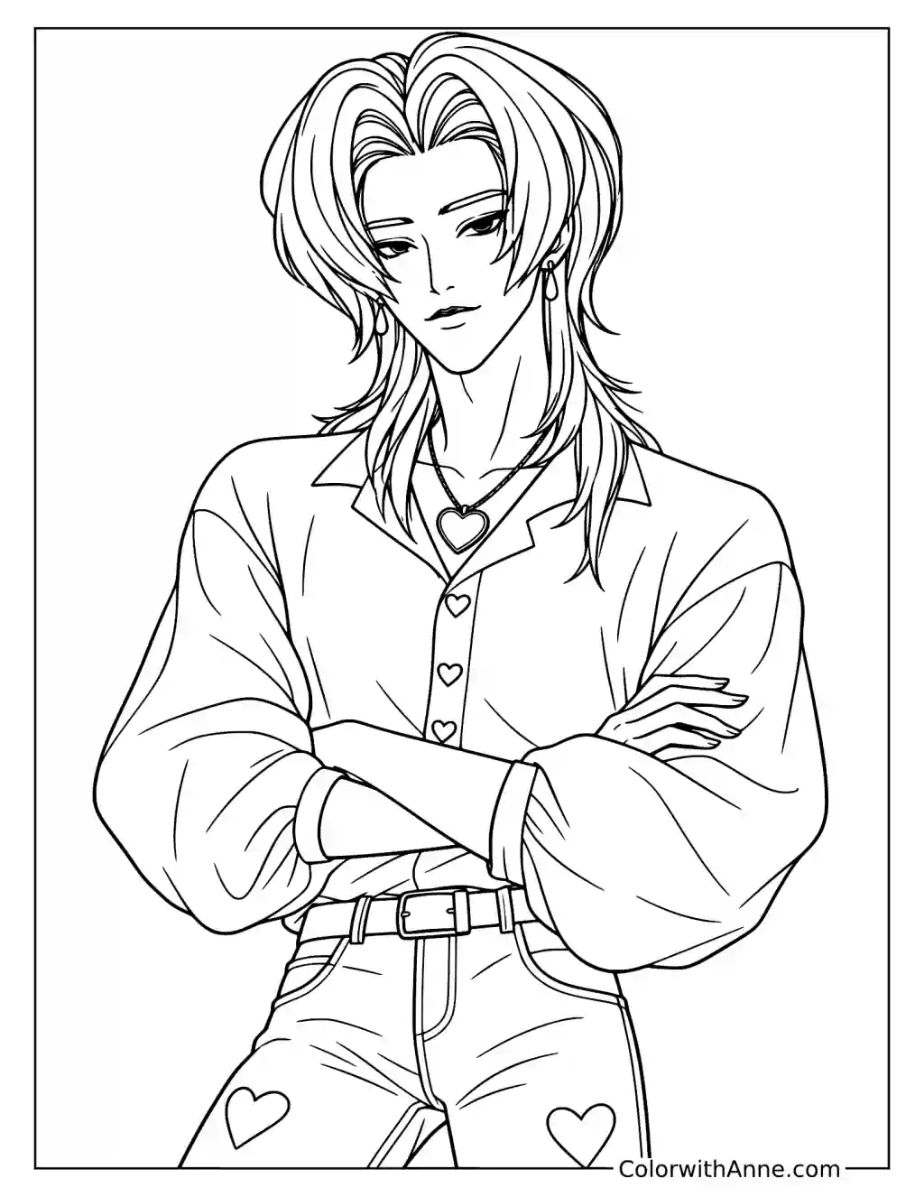 Coloring page of Romance Saja folding his arms across a loose shirt with heart buttons and a heart pendant