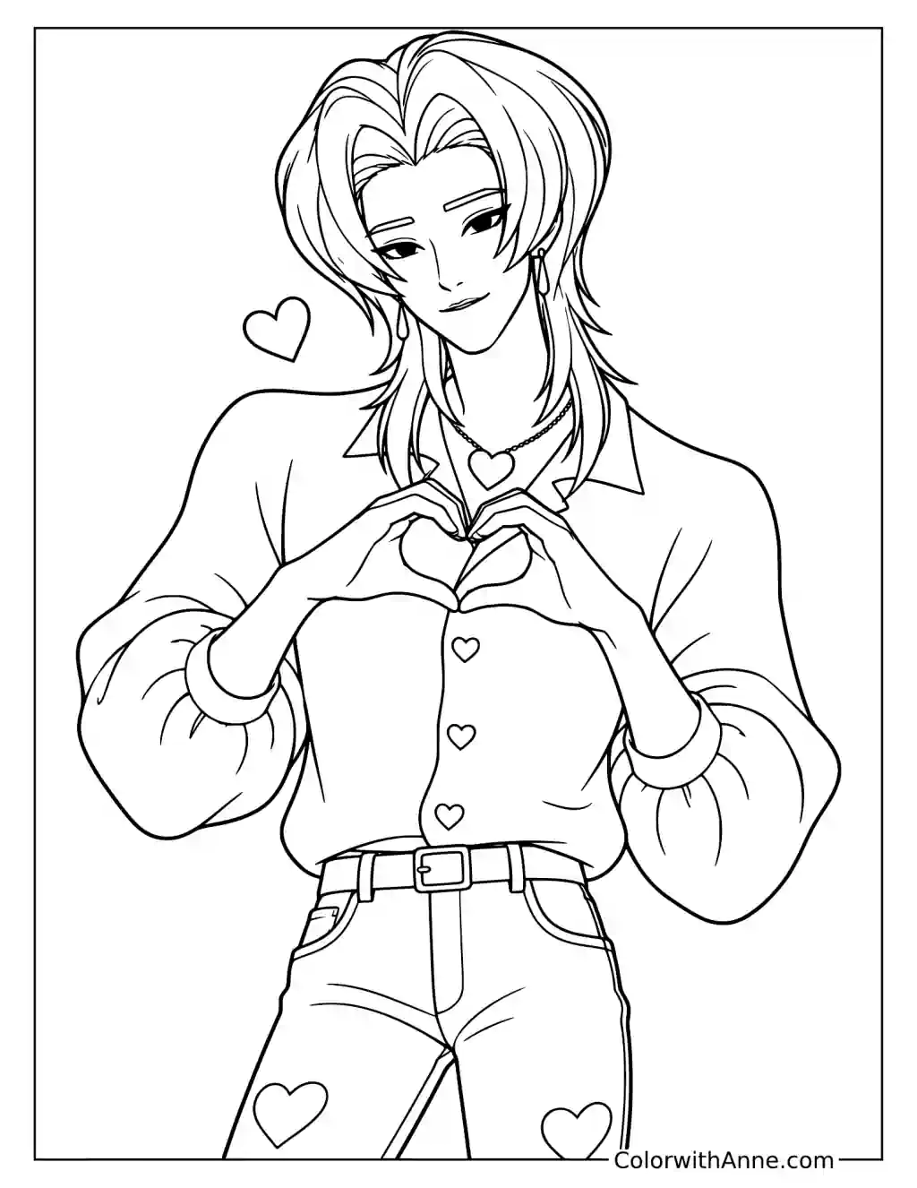 Coloring page of Romance Saja shaping a heart at his chest above heart patches on his trousers.