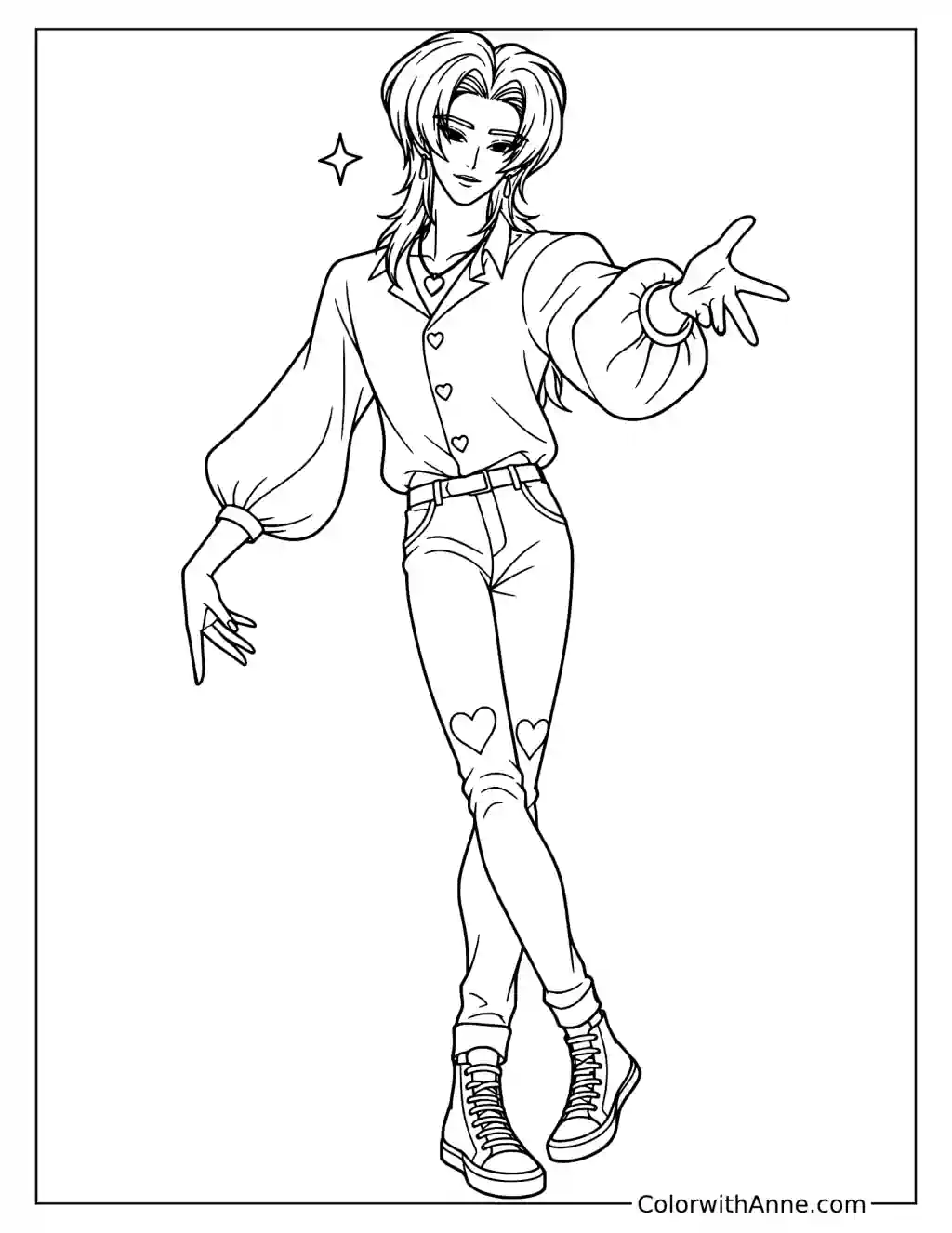 Coloring page of Romance Saja extending one arm in a full-body dance pose with a small star beside his shoulder