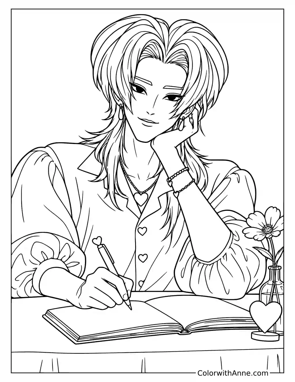 Coloring page of Romance Saja writing in an open notebook beside a small flower in a heart-decorated vase