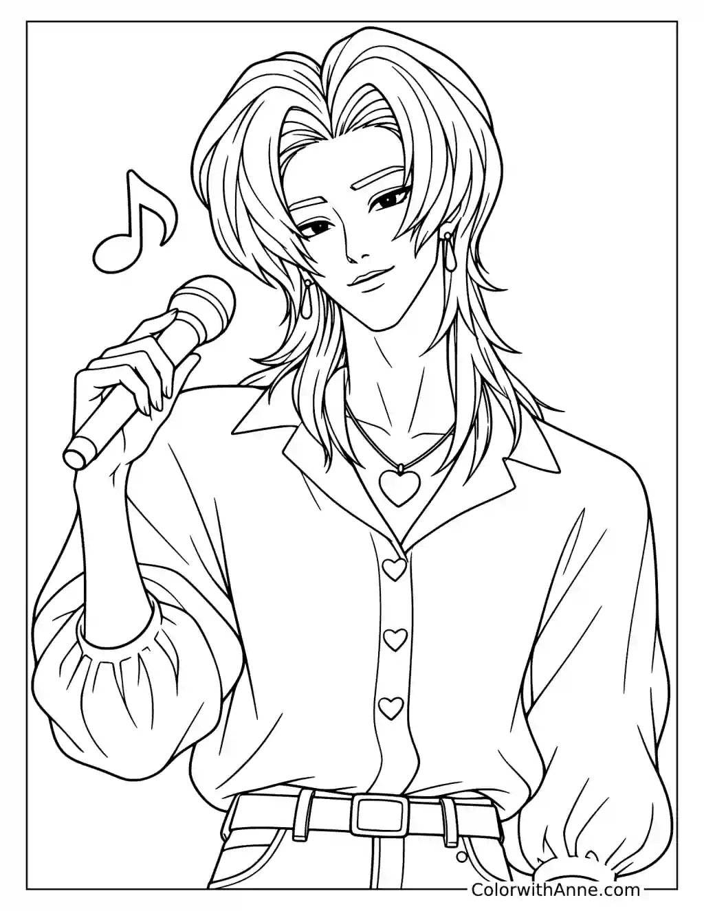 Coloring page of Romance Saja holding a microphone near his face with musical notes floating beside his shoulders
