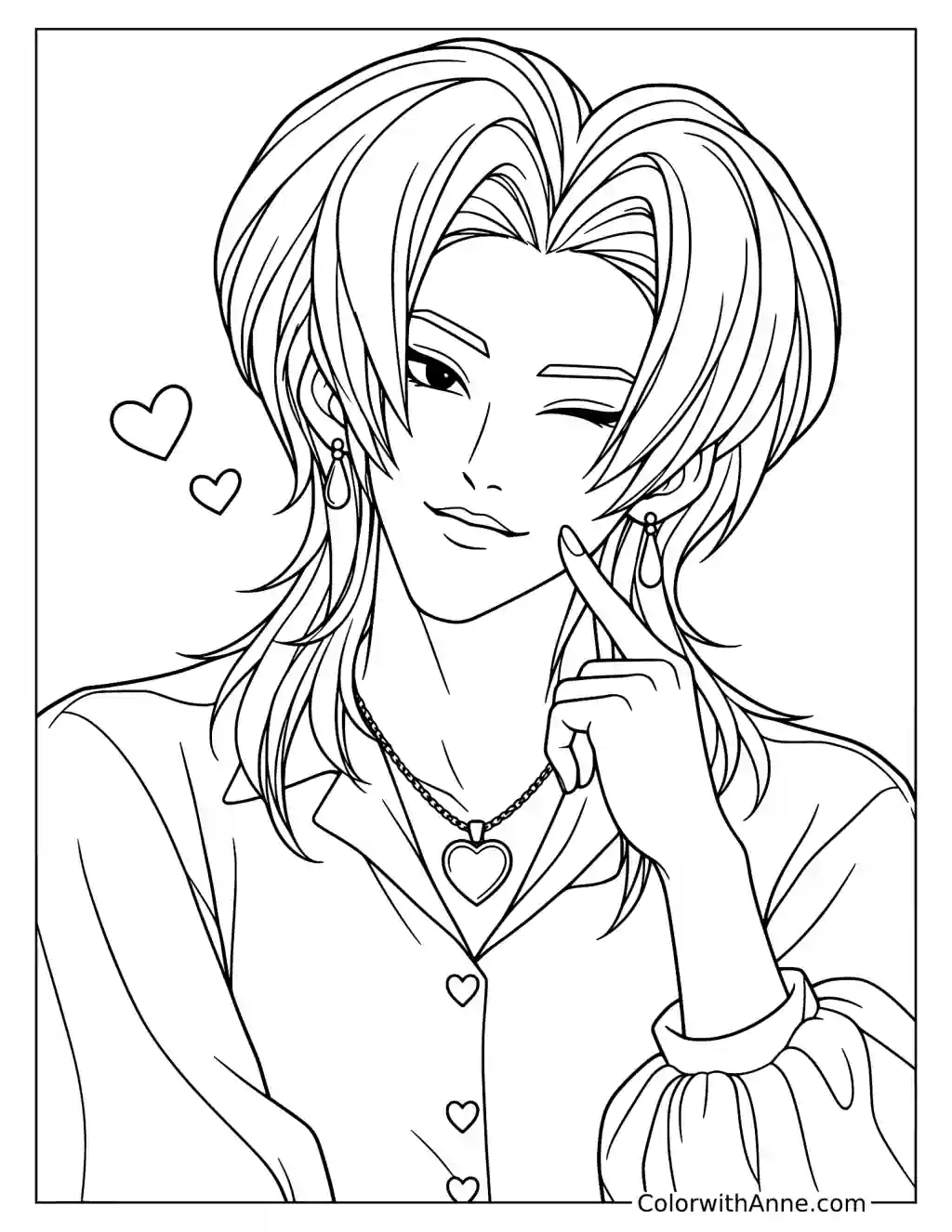 Coloring page of Romance Saja winking and touching one finger to his cheek with two small hearts floating nearby