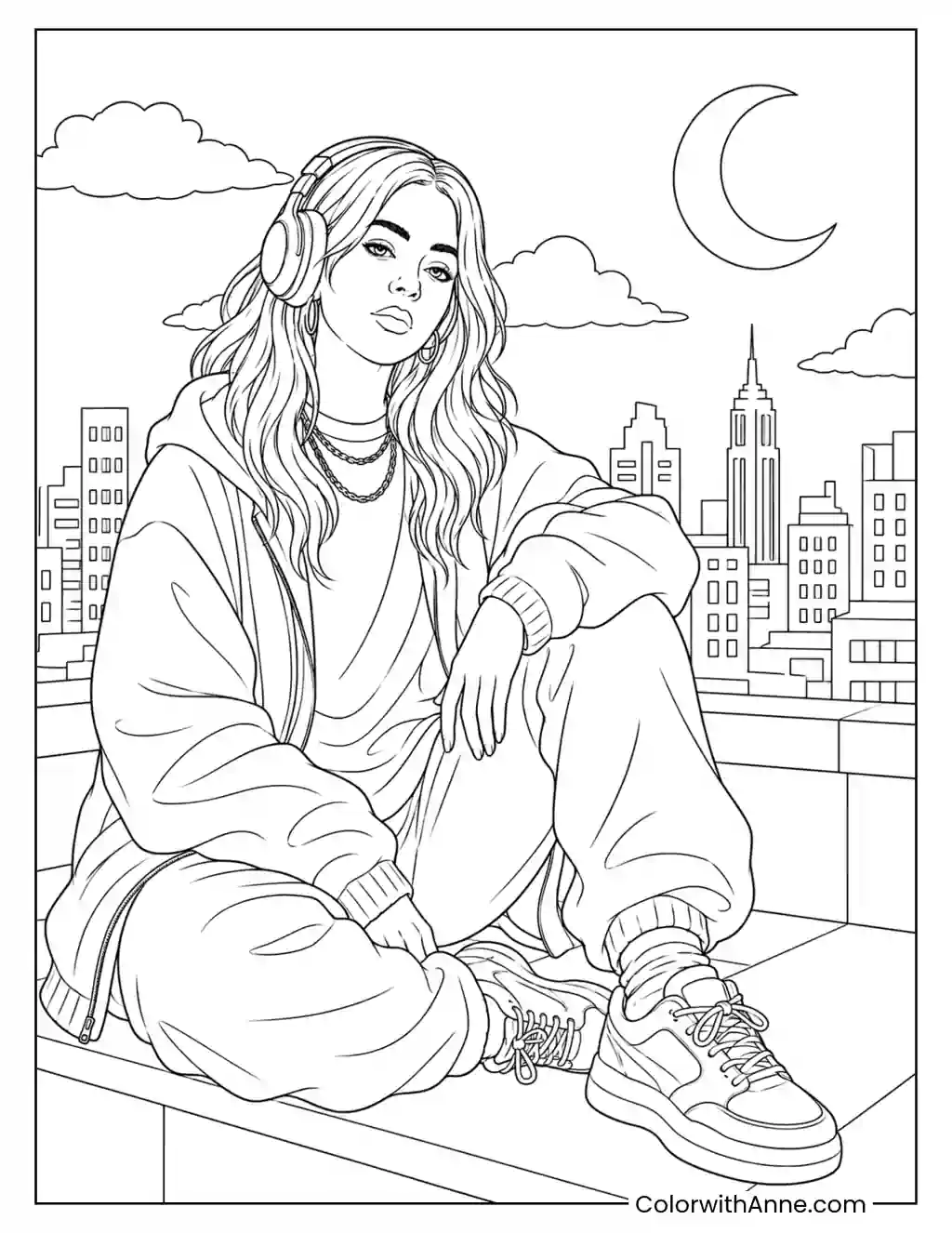 Rooftop Headphones Under a Crescent Moon coloring page
