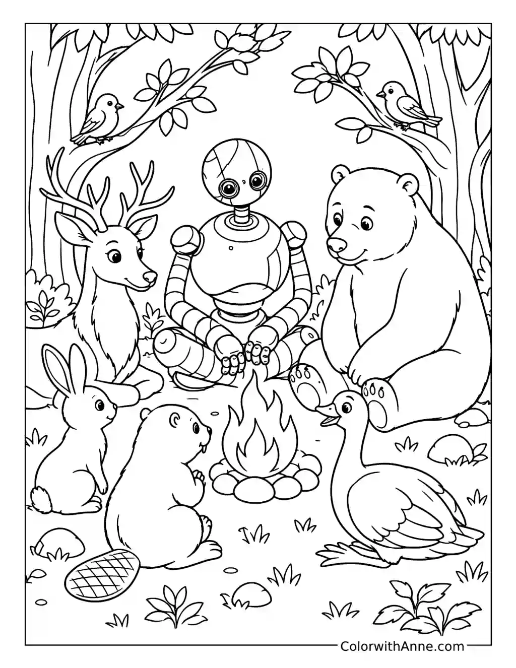 Roz and the Animals Around a Campfire coloring page