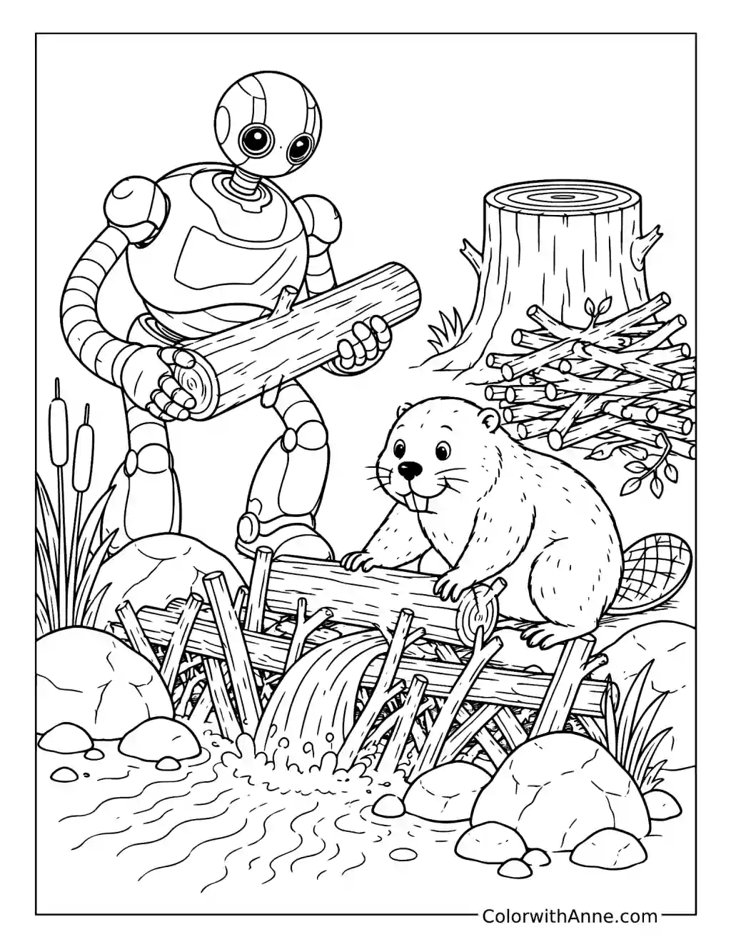 Roz Helping Paddler Build a Dam coloring page