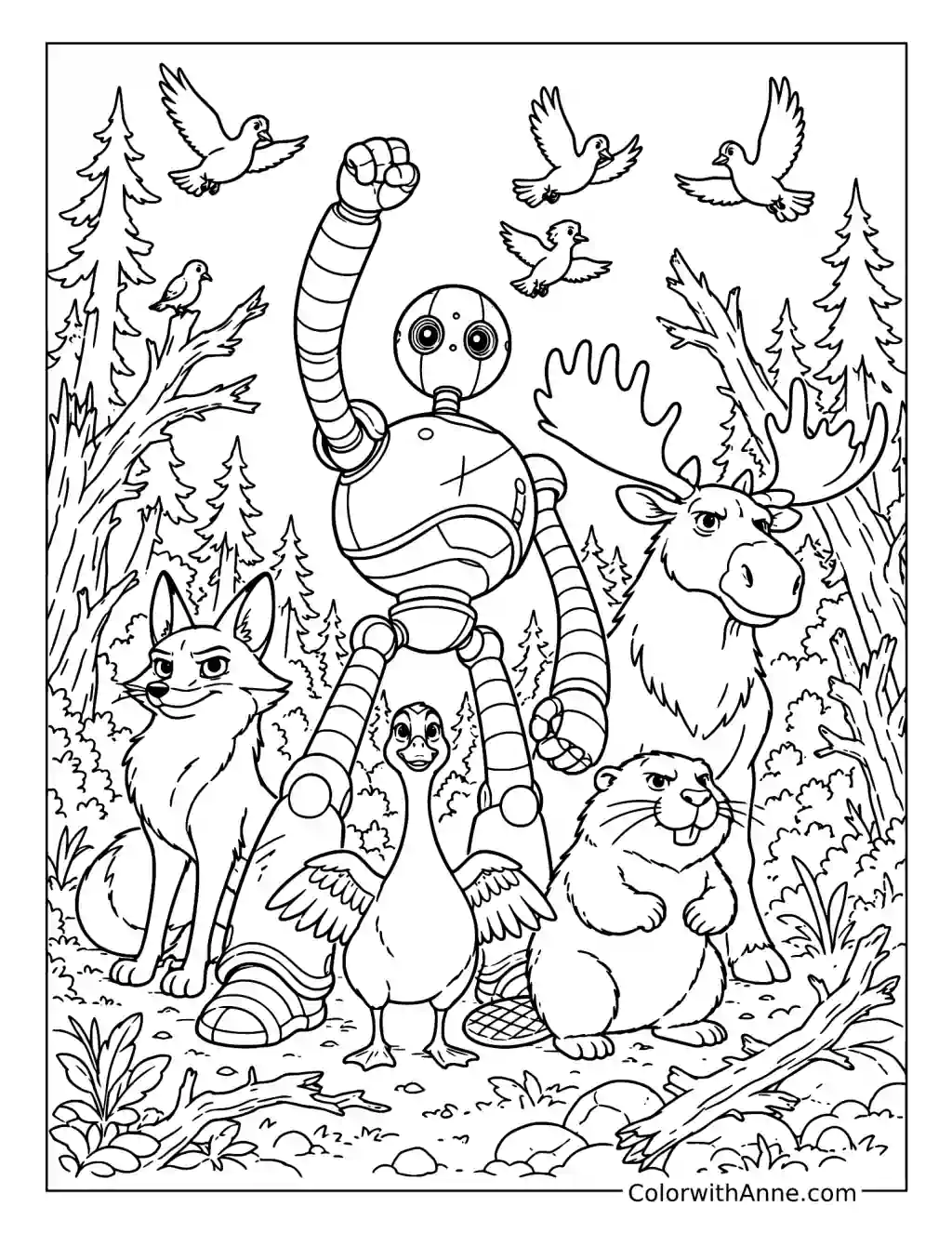 Roz Raising a Fist with Forest Animals coloring page